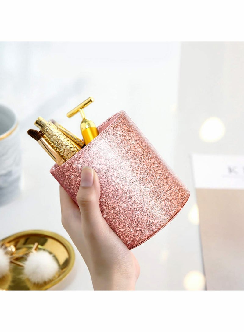 Excefore Pen Holder for Desk, Pencil Cup Pink Glitter Bling for Women Girls, Luxury Makeup Brush Holder Large Pu Leather Multi-Functional Organizer Cup for Office, Classroom, Home, Rose Gold - Image 3