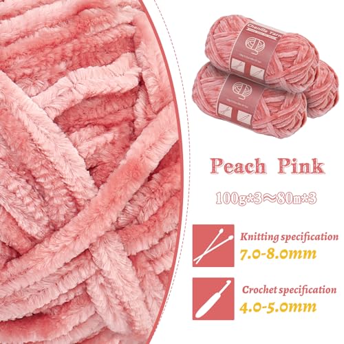 LUNARM Chenille Yarn for Crocheting Knitting, 3 Skein 263 Yard Thick Soft Chunky Fluffy Weaving Plush Yarn for Blankets Clothes Pattern Creations with Big Eye Needles (Peach Pink) - Image 3