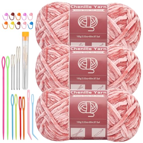 LUNARM Chenille Yarn for Crocheting Knitting, 3 Skein 263 Yard Thick Soft Chunky Fluffy Weaving Plush Yarn for Blankets Clothes Pattern Creations with Big Eye Needles (Peach Pink) - Image 1