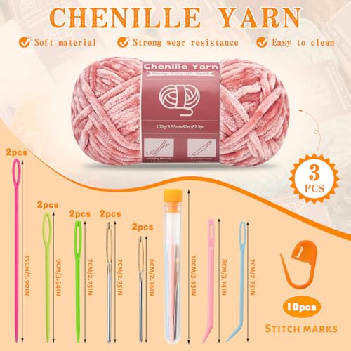 LUNARM Chenille Yarn for Crocheting Knitting, 3 Skein 263 Yard Thick Soft Chunky Fluffy Weaving Plush Yarn for Blankets Clothes Pattern Creations with Big Eye Needles (Peach Pink) - Image 2