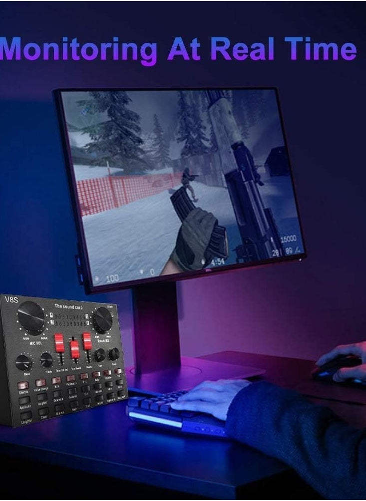 ELTRAZONE V8S Live Sound Card Bluetooth Sound Mixer Board 3.5mm Audio Interface Live Sound Card with 16 Sound Effects 6 Connecting Methods Dual DSP Noise Reduction Chip For Live Streaming Recording Game PC - Image 5