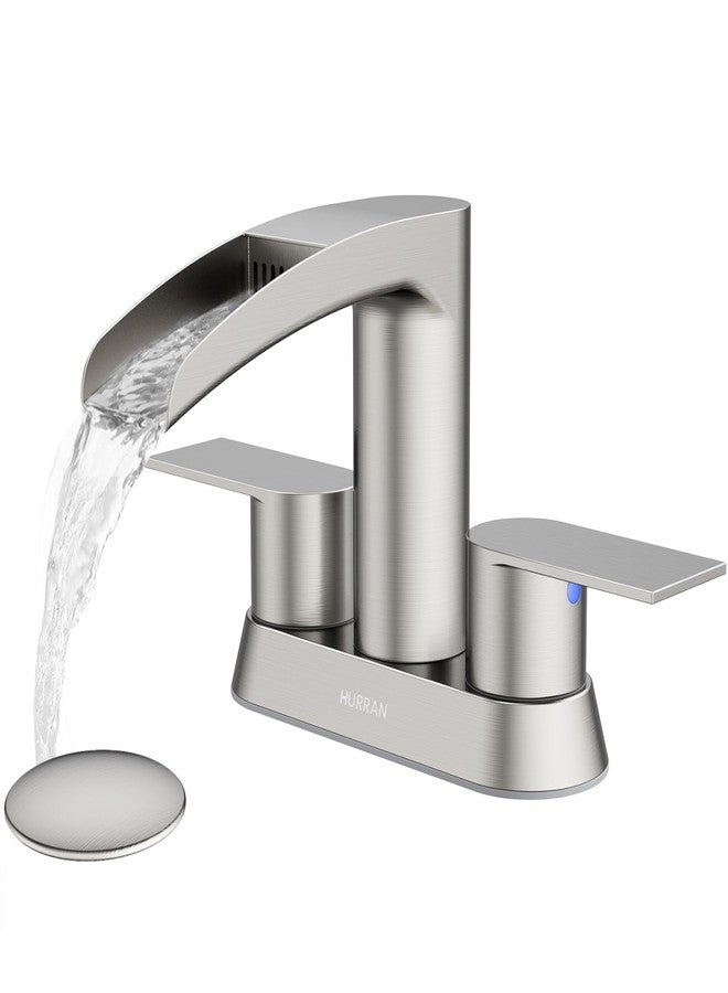 Hurran Bathroom Sink Faucet for 3 Hole, Hurran 4 Inch Bathroom Faucets with Pop-up Drain, Stainless Steel 2-Handle Waterfall Faucet for Sink, Brushed Nickel - Image 1