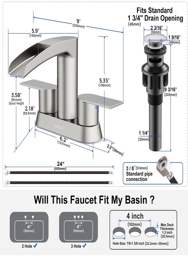 Hurran Bathroom Sink Faucet for 3 Hole, Hurran 4 Inch Bathroom Faucets with Pop-up Drain, Stainless Steel 2-Handle Waterfall Faucet for Sink, Brushed Nickel - Image 2