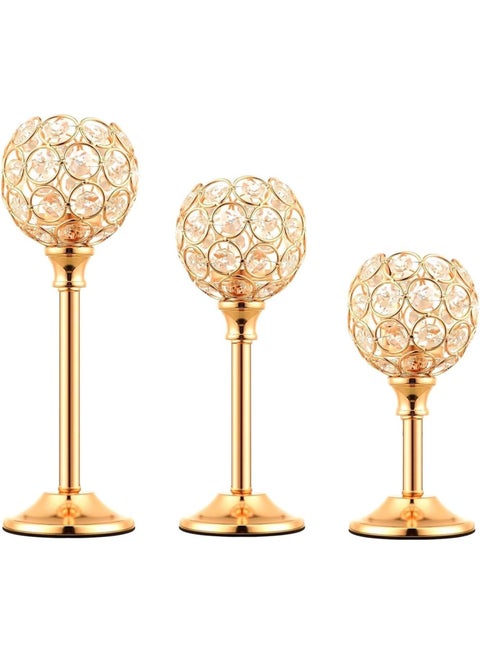 Crystal Candle Holders Set of 3, Gold Vintage Hollow Ball Candelabra, Crystal Metal Tealight Stands for Table Centerpiece, Wedding Dining Room Decor
