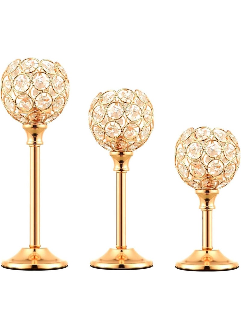 Crystal Candle Holders Set of 3, Gold Vintage Hollow Ball Candelabra, Crystal Metal Tealight Stands for Table Centerpiece, Wedding Dining Room Decor - Image 1