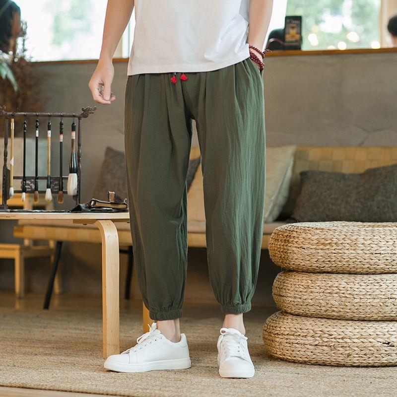 Cotton and Linen Wide-leg Pants Mens Summer Thin Leg Harlan Pants Chinese Style Fat Man Loose plus size Cropped Bloomers Army Green  - Image 1