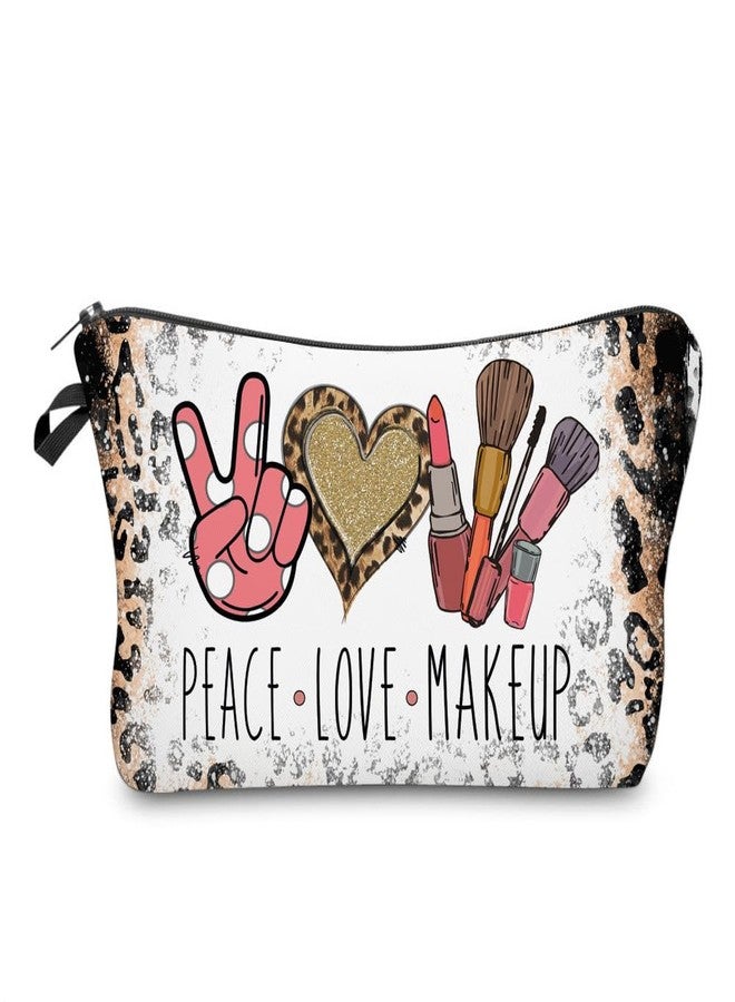 FITINI Makeup Bag Travel Small Portable Cosmetic Organizer Pouch for Women Zipper Waterproof Clutch Toiletry Storage,Leoprad Peace Love Makeup - Image 1
