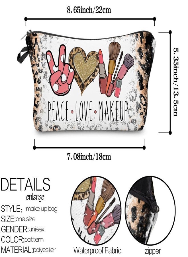 FITINI Makeup Bag Travel Small Portable Cosmetic Organizer Pouch for Women Zipper Waterproof Clutch Toiletry Storage,Leoprad Peace Love Makeup - Image 3