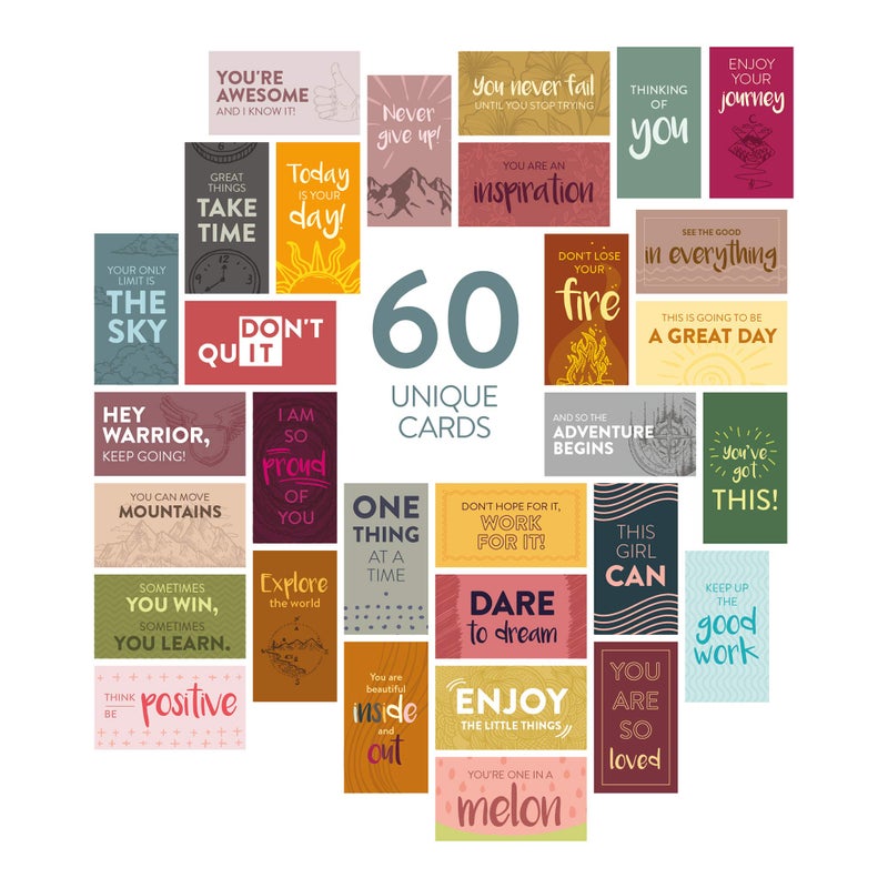 DIVERSEBEE 60 Pack Assorted Motivational Cards - Inspirational and Kindness Mini Note Cards, Gratitude Encouragement Card Set with 60 Unique Motivational Quotes Business Card Size (Assorted) - Image 1