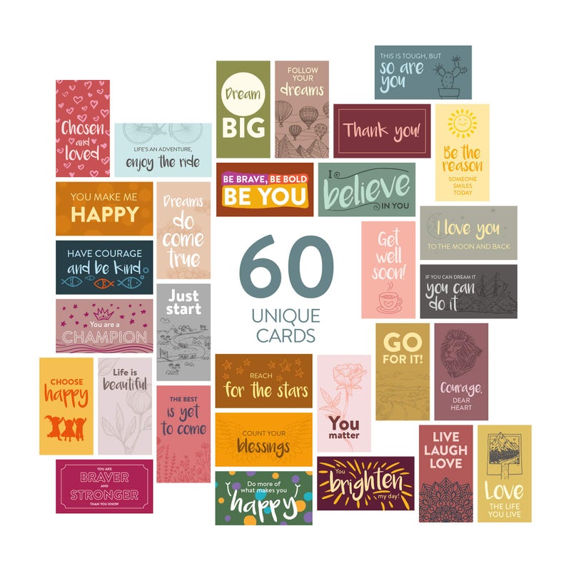 DIVERSEBEE 60 Pack Assorted Motivational Cards - Inspirational and Kindness Mini Note Cards, Gratitude Encouragement Card Set with 60 Unique Motivational Quotes Business Card Size (Assorted) - Image 2