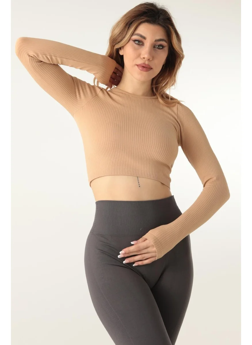 دو رى مى Long Sleeve Crew Neck Ribbed Crop