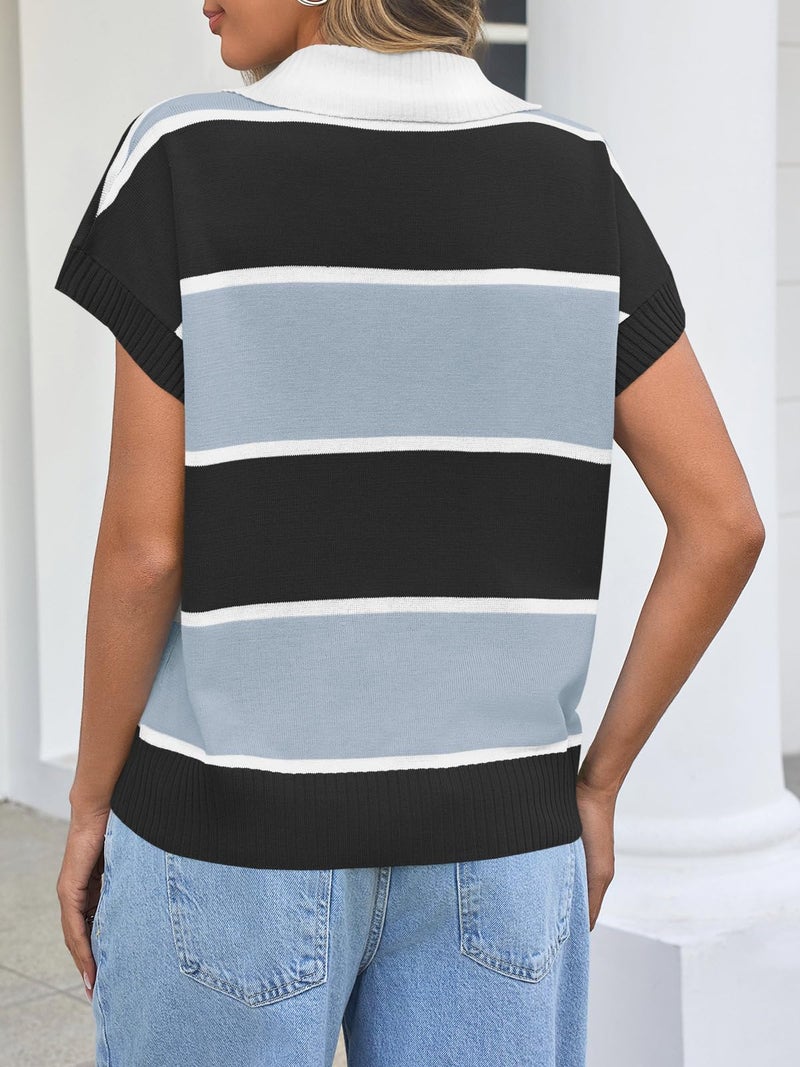 Saodimallsu Womens Striped Short Sleeve Sweater V Neck Polo Shirt Color Block Loose Knit Pullover Rugby Shirts 2025 Black - Image 5