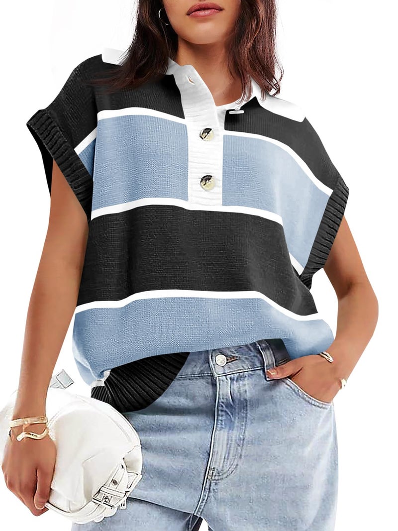 Saodimallsu Womens Striped Short Sleeve Sweater V Neck Polo Shirt Color Block Loose Knit Pullover Rugby Shirts 2025 Black - Image 1
