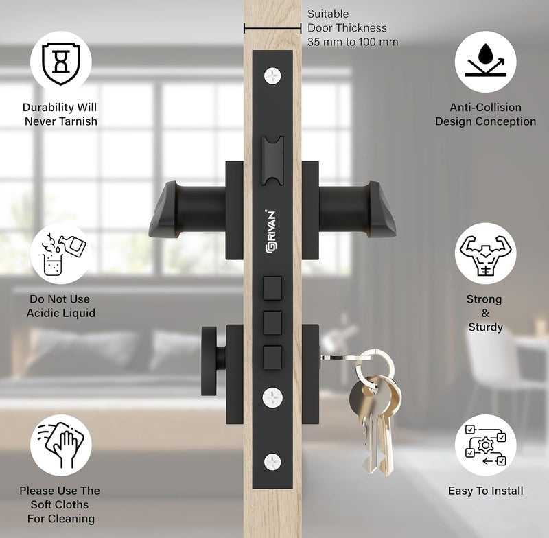 GRIVAN Luxury Door Locks for Main Door Mortise Door Lock Set with 3 Brass Keys Bedroom Door Lock Handle Lock for HomeOfficeHotel Black matt Finish 2 Years Warranty - Image 3