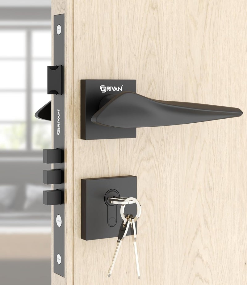 GRIVAN Luxury Door Locks for Main Door Mortise Door Lock Set with 3 Brass Keys Bedroom Door Lock Handle Lock for HomeOfficeHotel Black matt Finish 2 Years Warranty - Image 1