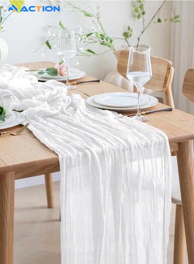 أكشن مفرش طاولة من الشاش المجعد مفرش مائدة شفاف مفرش طاولة شيساني مفرش طاولة طويل عداء طاولة قماش الطاولة مفرش طاولة من القماش القطني 4M، مفرش طاولة زفاف أبيض، مفرش طاولة من الشاش البوهيمي، ديكور طاولة شفاف ريفي 90x400 سم أبيض قطعة مركزية للطاولة مفرش طاولة شيساني مفارش طاولات - Image 1