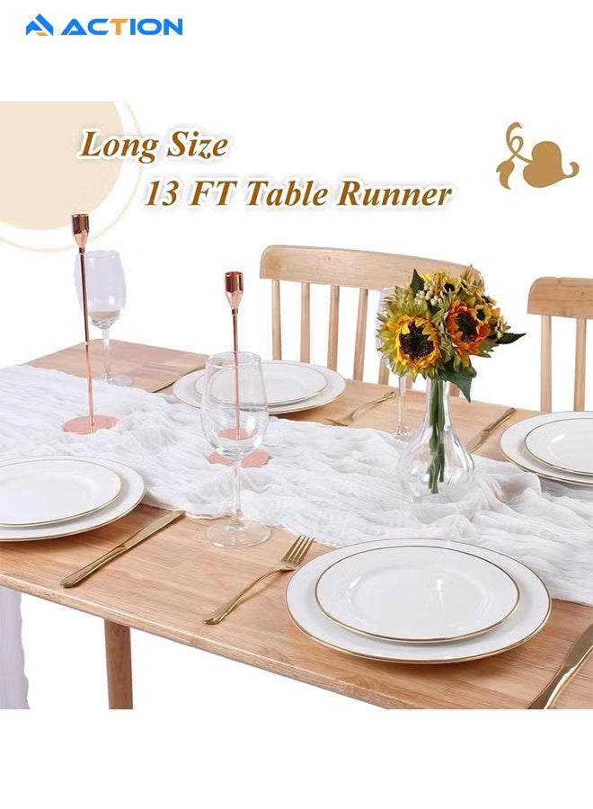 أكشن مفرش طاولة من الشاش المجعد مفرش مائدة شفاف مفرش طاولة شيساني مفرش طاولة طويل عداء طاولة قماش الطاولة مفرش طاولة من القماش القطني 4M، مفرش طاولة زفاف أبيض، مفرش طاولة من الشاش البوهيمي، ديكور طاولة شفاف ريفي 90x400 سم أبيض قطعة مركزية للطاولة مفرش طاولة شيساني مفارش طاولات - Image 2