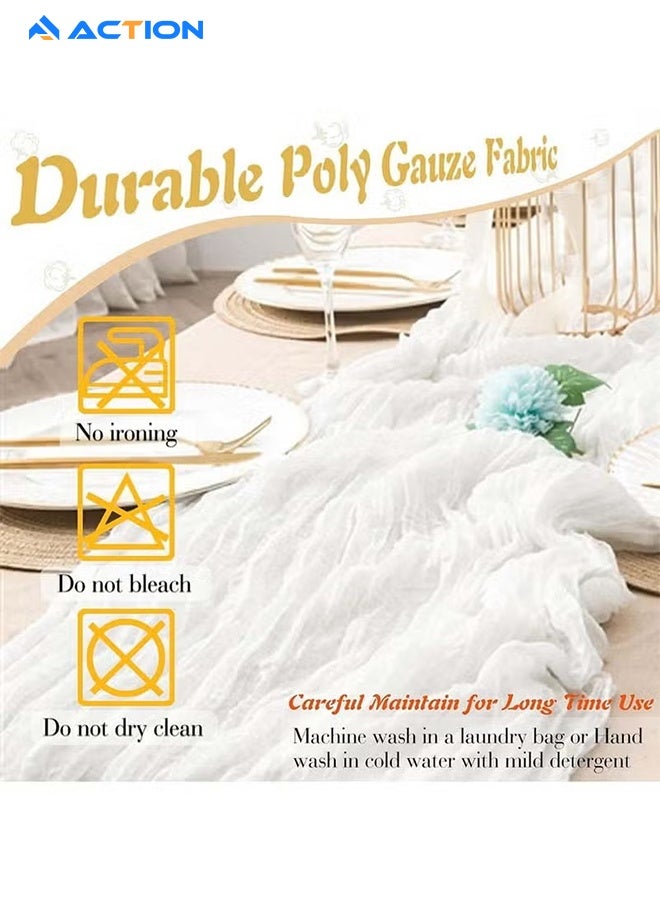 أكشن مفرش طاولة من الشاش المجعد مفرش مائدة شفاف مفرش طاولة شيساني مفرش طاولة طويل عداء طاولة قماش الطاولة مفرش طاولة من القماش القطني 4M، مفرش طاولة زفاف أبيض، مفرش طاولة من الشاش البوهيمي، ديكور طاولة شفاف ريفي 90x400 سم أبيض قطعة مركزية للطاولة مفرش طاولة شيساني مفارش طاولات - Image 5