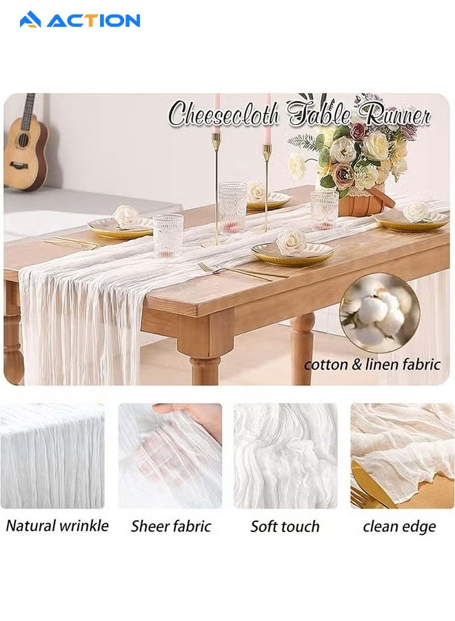 أكشن مفرش طاولة من الشاش المجعد مفرش مائدة شفاف مفرش طاولة شيساني مفرش طاولة طويل عداء طاولة قماش الطاولة مفرش طاولة من القماش القطني 4M، مفرش طاولة زفاف أبيض، مفرش طاولة من الشاش البوهيمي، ديكور طاولة شفاف ريفي 90x400 سم أبيض قطعة مركزية للطاولة مفرش طاولة شيساني مفارش طاولات - Image 4