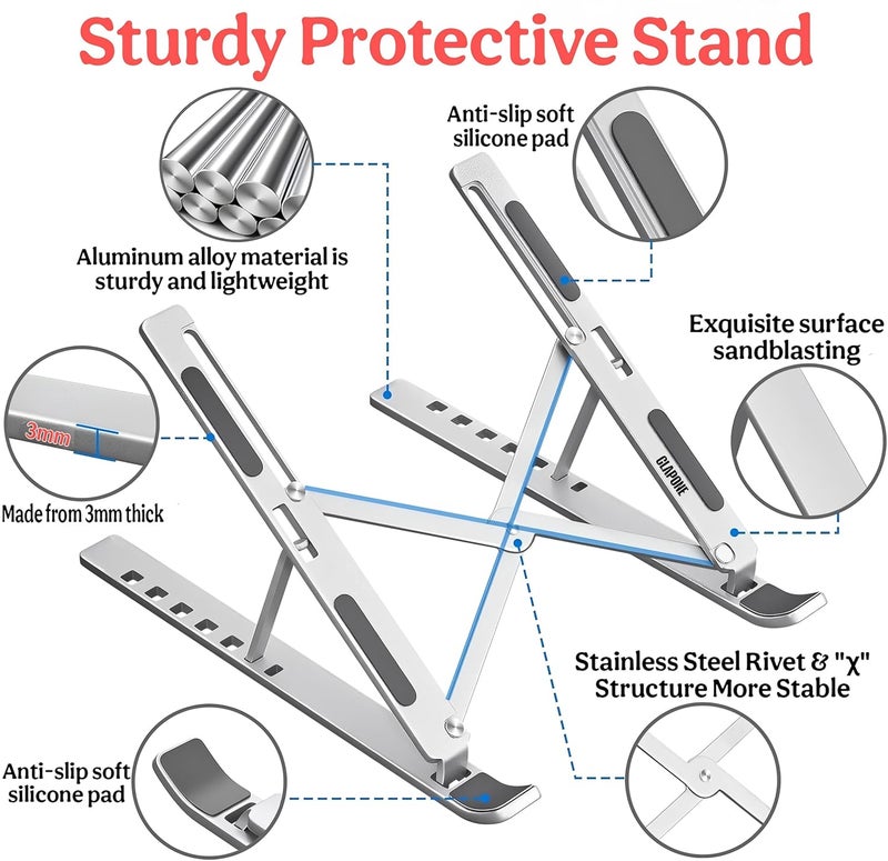 CLAPONE Premium Metal Laptop Stand Foldable, Aluminum Note Book Stand Portable Any Laptop Stand Adjustable Height/OverHeating Protection Laptops/MacBooks/Table and Many More (Metallic Silver, MLS001) - Image 3