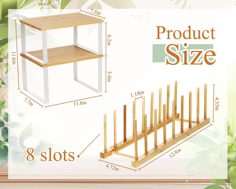 Marsui 4 Pcs Kitchen Organizer Accessories Set Cabinet Organizer Shelf and Bamboo Dish Drying Plate Rack Counter Shelves Storage Holder for Spice Rack, Dish, Pot Lid, Bowl, Cup(Wooden Color) - Image 2