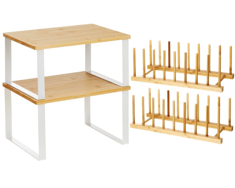Marsui 4 Pcs Kitchen Organizer Accessories Set Cabinet Organizer Shelf and Bamboo Dish Drying Plate Rack Counter Shelves Storage Holder for Spice Rack, Dish, Pot Lid, Bowl, Cup(Wooden Color) - Image 1