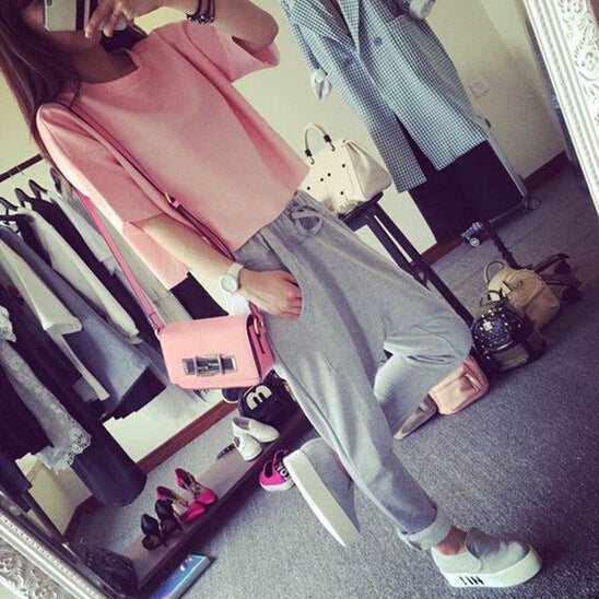 2024 Spring Korean Tee  Harem Pants Set Powder t gray pants 