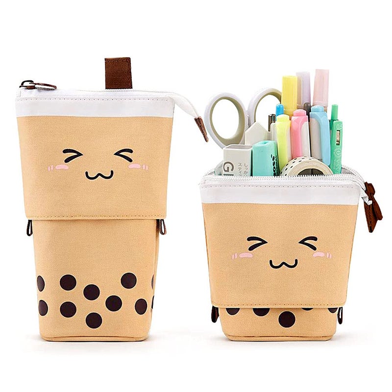 Cute Standing Pencil Case for Kids Pop Up Pencil Box Makeup Pouch Christmas Gift Kids Corduroy Pen Holder Organizer Cosmetics Bag Kawaii Stationary Brown