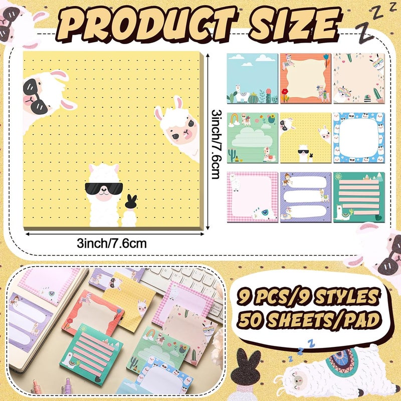Saypacck 9 Pads Alpaca Sticky Notes Cartoon Self Stick Notepads 3x3 Inches Notes Adhesive Memo Pad Office Decor Gifts for Students School Teacher Office Meeting - Image 2