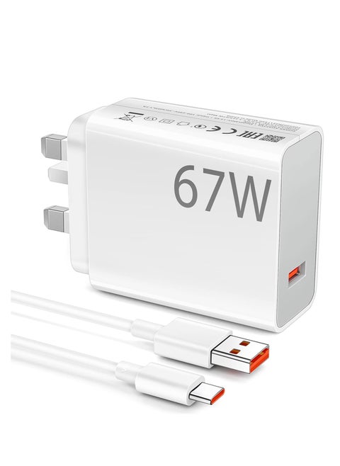 67W Turbo Fast Wall Charger, Quick Charge for Xiaomi 15 14 13 12 12t 12s Pro Lite Redmi Note K80 K70 K60 K50 14 13 12 11 11s 12 Pro Plus Poco F6 F5 X5 F4 X4 Gt Black Shark 4 5 Pro 3.3ft 3A Type C Cable