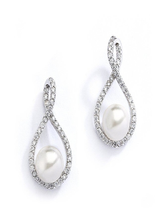 Mariell Pearl Drop Earrings with Cubic Zirconia Crystals For Brides, Weddings, Mother's Day Jewelry Gift - Image 1