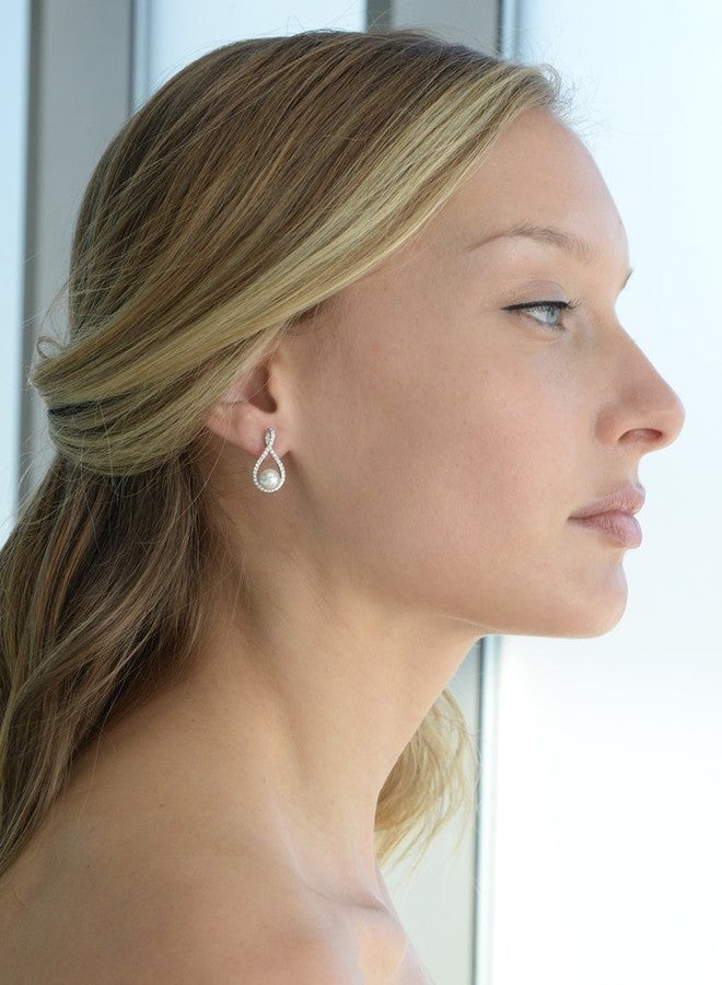 Mariell Pearl Drop Earrings with Cubic Zirconia Crystals For Brides, Weddings, Mother's Day Jewelry Gift - Image 2