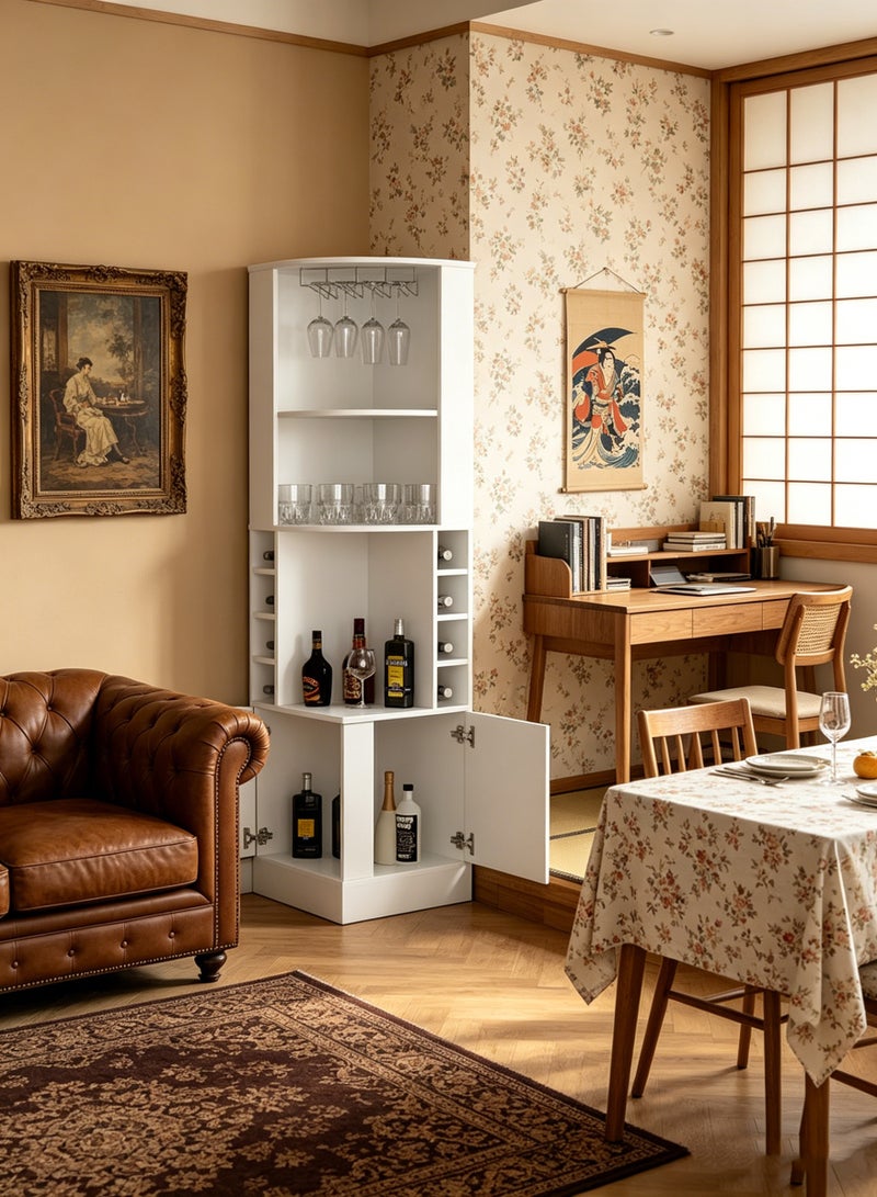 CityRiya-Long Wine Bar Rack Cabinet, Coffee Bar Cabinet with Glass Holder, Coffee Liquor Shelf, White Kitchen Sideboard and Buffet Cabinet, Kitchen Storage Rack with Wine Rack, Corner Storage Organizer for Home Bar (JJ001) - Image 4