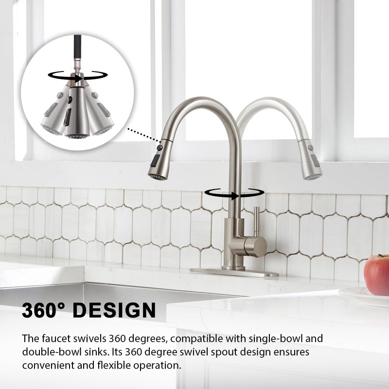 VAPSINT Kitchen Faucet, Brushed Nickel Kitchen Faucet with Pull Down Sprayer, High Arc Single Handle Commercial Stainless Steel Kitchen Sink Faucet 1 or 3 Hole for Farmhouse, RV, Laundry & Bar - Image 5