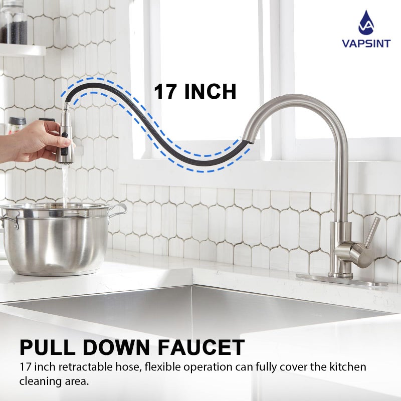 VAPSINT Kitchen Faucet, Brushed Nickel Kitchen Faucet with Pull Down Sprayer, High Arc Single Handle Commercial Stainless Steel Kitchen Sink Faucet 1 or 3 Hole for Farmhouse, RV, Laundry & Bar - Image 2