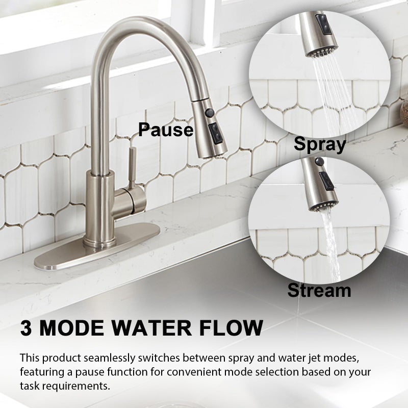VAPSINT Kitchen Faucet, Brushed Nickel Kitchen Faucet with Pull Down Sprayer, High Arc Single Handle Commercial Stainless Steel Kitchen Sink Faucet 1 or 3 Hole for Farmhouse, RV, Laundry & Bar - Image 4