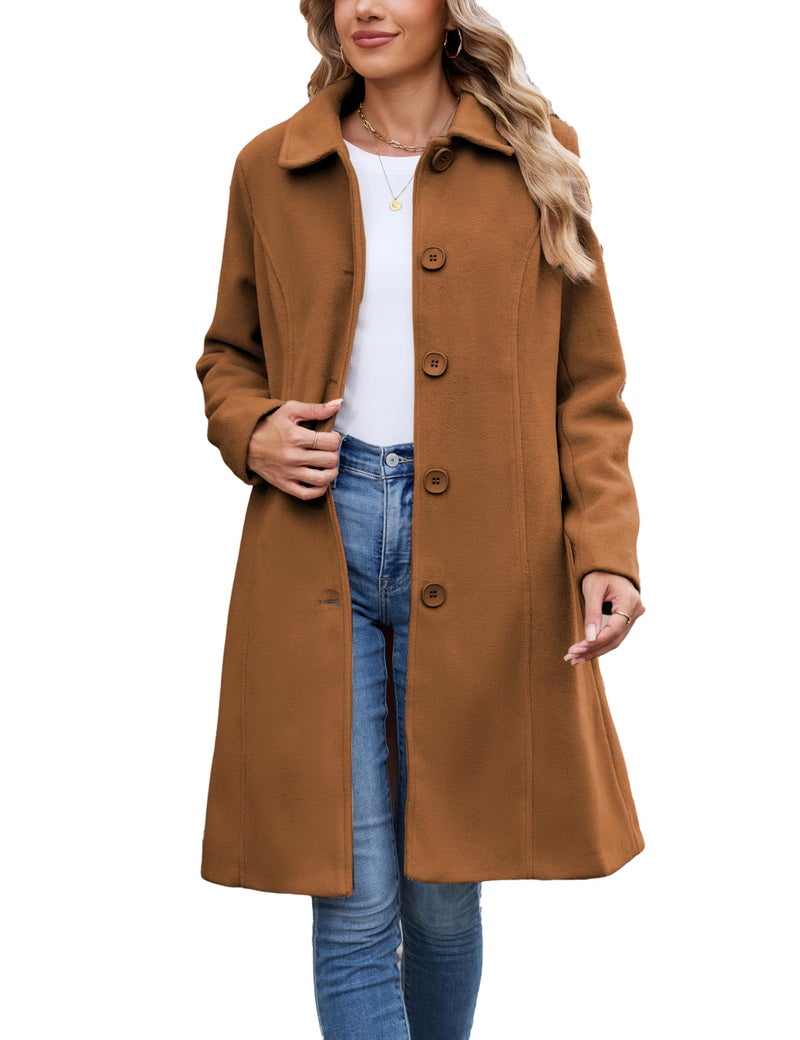 Springrain Womens Pea Coat Elegant Overcoat Single Breasted Winter Coat Dress Coat with Pockets(Caramel-M) - Image 1