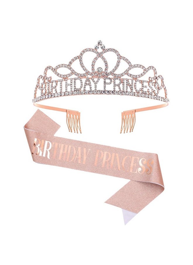 Aaiffey - Birthday Tiaras For Womenbirthday Girl Crown "Birthday Princess" Sash Setglitter Birthday Sash Rhinestone Princess Crown Birthday Gift Parties Decorations Crystal Hair Accessories(Rose Gold) - Image 1