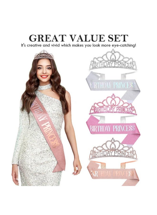 Aaiffey - Birthday Tiaras For Womenbirthday Girl Crown "Birthday Princess" Sash Setglitter Birthday Sash Rhinestone Princess Crown Birthday Gift Parties Decorations Crystal Hair Accessories(Rose Gold) - Image 1