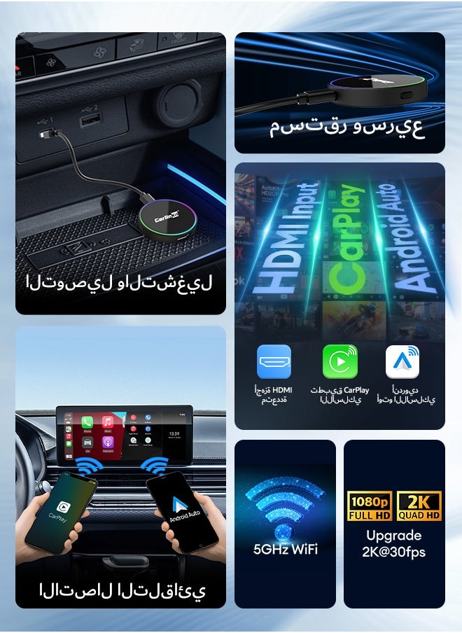 2025 CarlinKit HD2CP Pro CarPlay To HDMI 3-In-1 Wireless CarPlay Android Auto Smart Car Box Plug&Play 2K Video Streaming Box