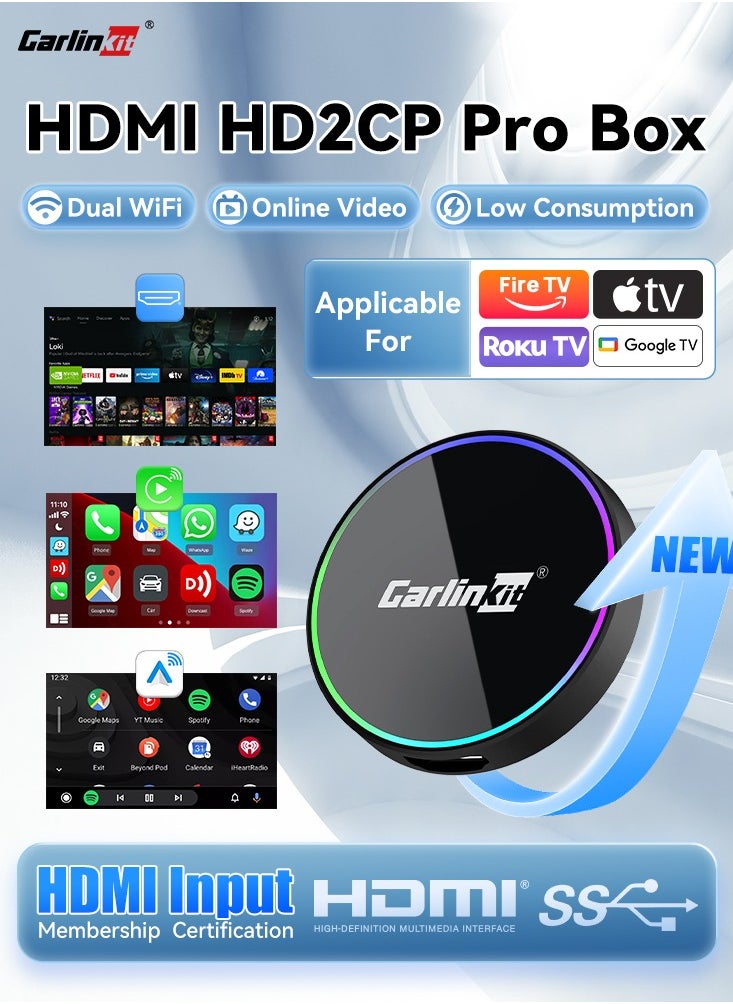 2025 CarlinKit HD2CP Pro CarPlay To HDMI 3-In-1 Wireless CarPlay Android Auto Smart Car Box Plug&Play 2K Video Streaming Box