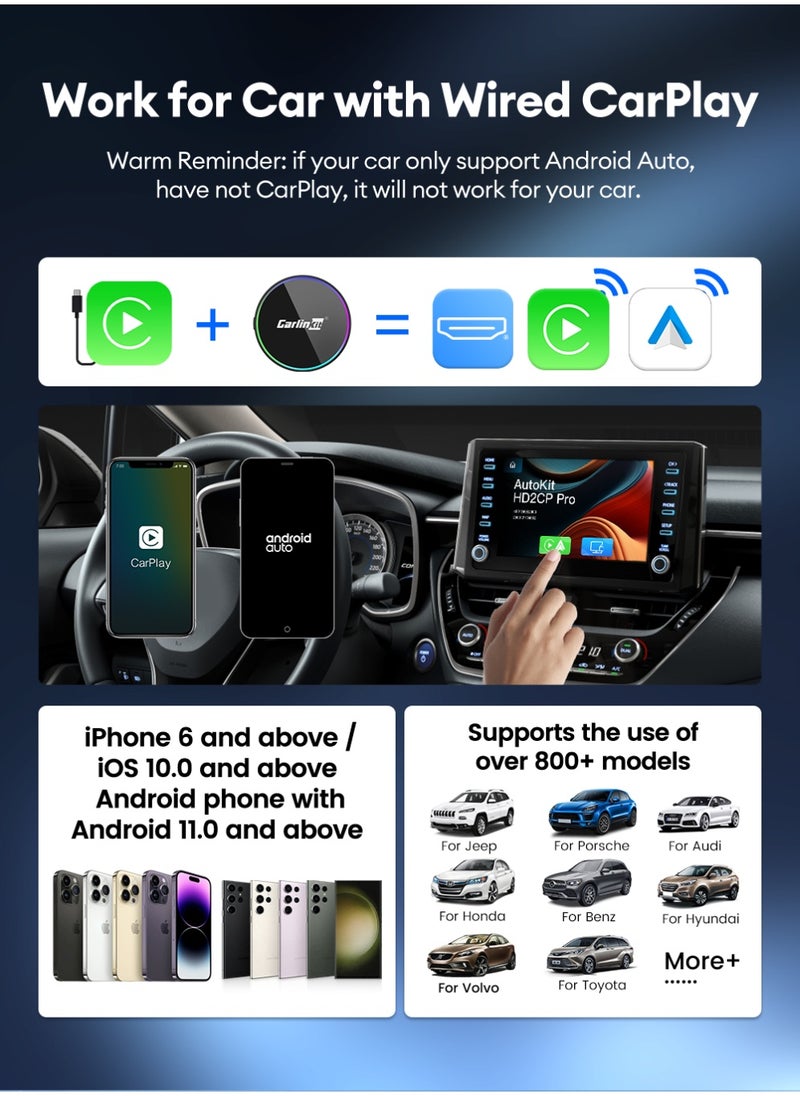 2025 CarlinKit HD2CP Pro CarPlay To HDMI 3-In-1 Wireless CarPlay Android Auto Smart Car Box Plug&Play 2K Video Streaming Box