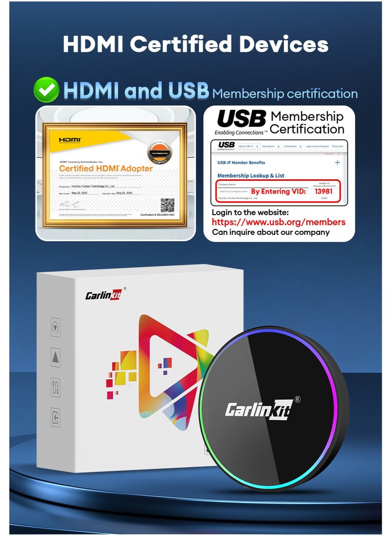 2025 CarlinKit HD2CP Pro CarPlay To HDMI 3-In-1 Wireless CarPlay Android Auto Smart Car Box Plug&Play 2K Video Streaming Box