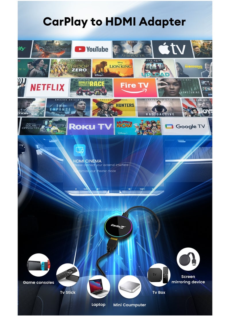 2025 CarlinKit HD2CP Pro CarPlay To HDMI 3-In-1 Wireless CarPlay Android Auto Smart Car Box Plug&Play 2K Video Streaming Box