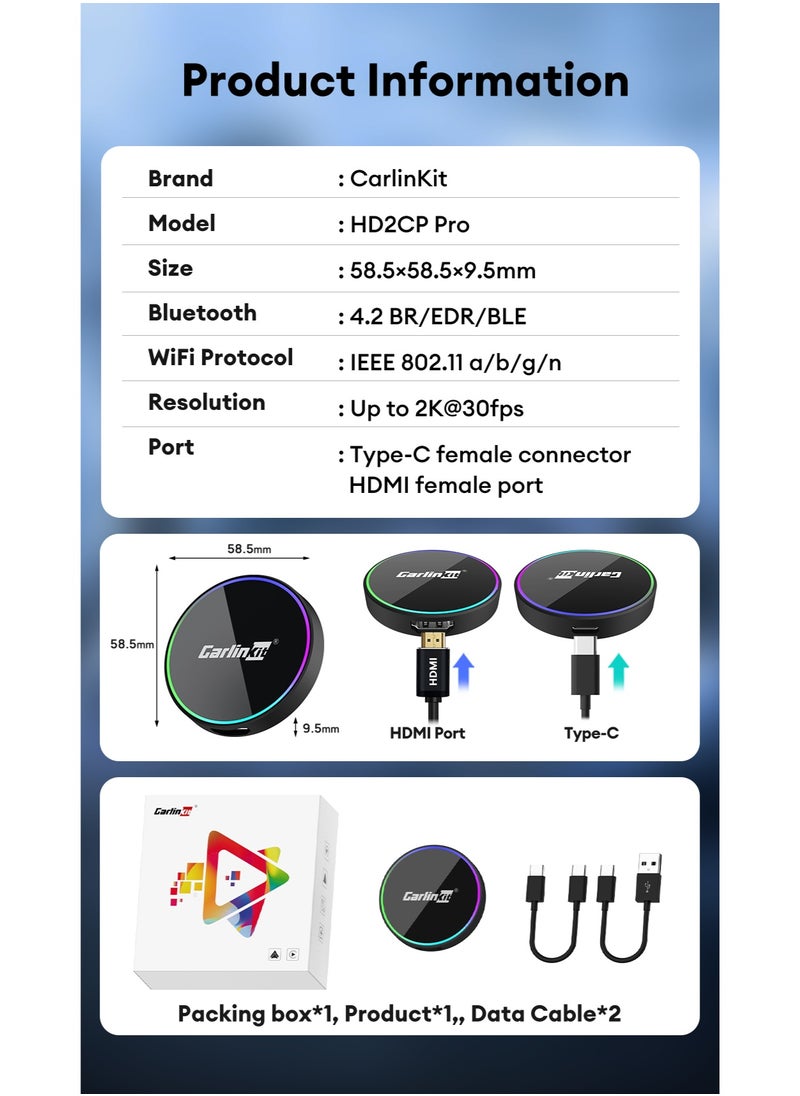 2025 CarlinKit HD2CP Pro CarPlay To HDMI 3-In-1 Wireless CarPlay Android Auto Smart Car Box Plug&Play 2K Video Streaming Box