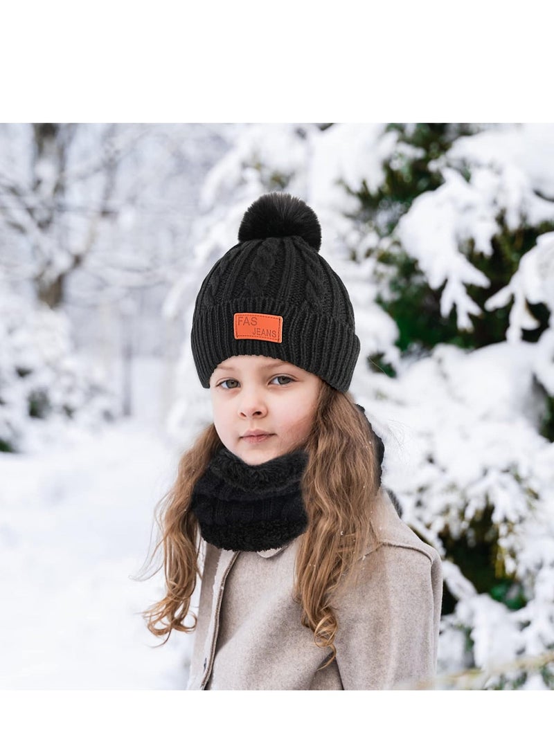 AirYoung طقم قبعة وقفازات للأطفال، طقم قبعة وقفازات ووشاح وقبعة بيني شتوية للأطفال مع بطانة صوف سميكة ودافئة للأطفال من سن 2 إلى 6 سنوات، أسود - Image 2