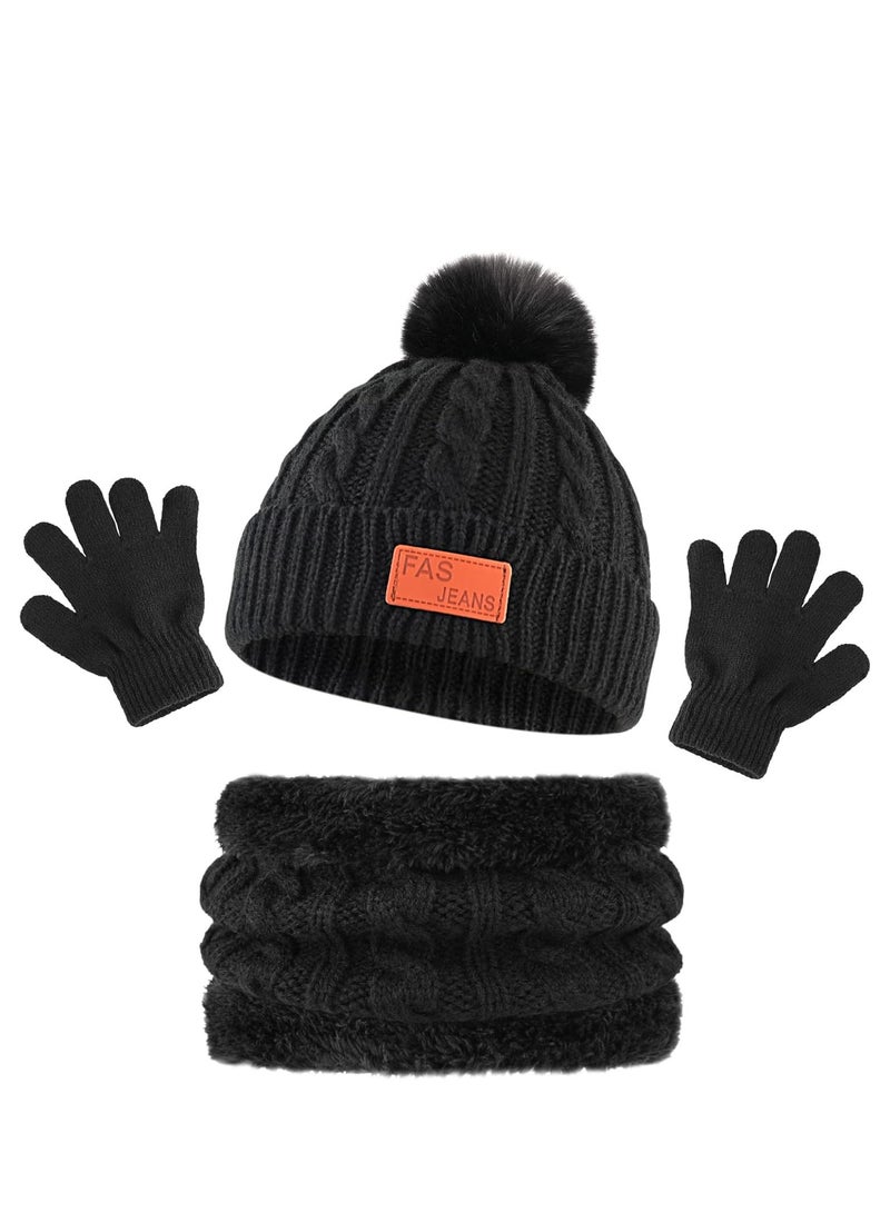 AirYoung طقم قبعة وقفازات للأطفال، طقم قبعة وقفازات ووشاح وقبعة بيني شتوية للأطفال مع بطانة صوف سميكة ودافئة للأطفال من سن 2 إلى 6 سنوات، أسود - Image 1