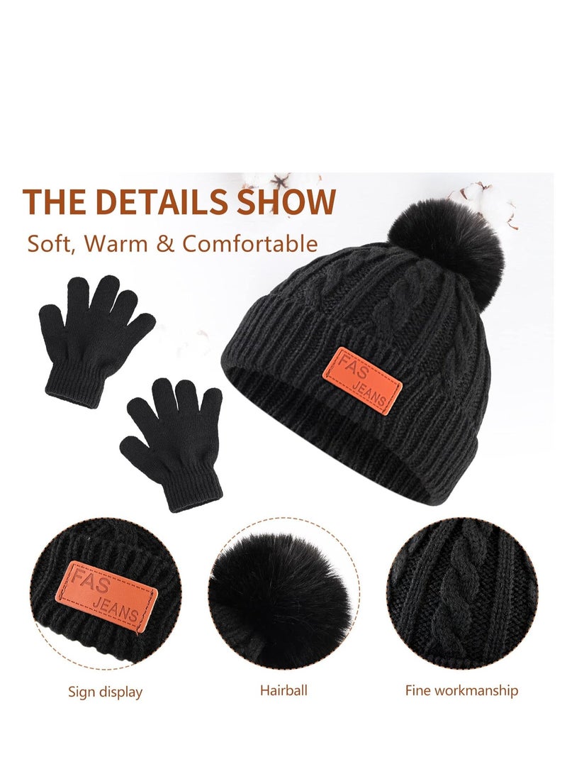 AirYoung طقم قبعة وقفازات للأطفال، طقم قبعة وقفازات ووشاح وقبعة بيني شتوية للأطفال مع بطانة صوف سميكة ودافئة للأطفال من سن 2 إلى 6 سنوات، أسود - Image 3
