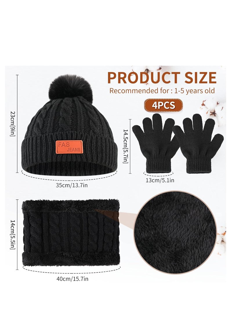 AirYoung طقم قبعة وقفازات للأطفال، طقم قبعة وقفازات ووشاح وقبعة بيني شتوية للأطفال مع بطانة صوف سميكة ودافئة للأطفال من سن 2 إلى 6 سنوات، أسود - Image 4