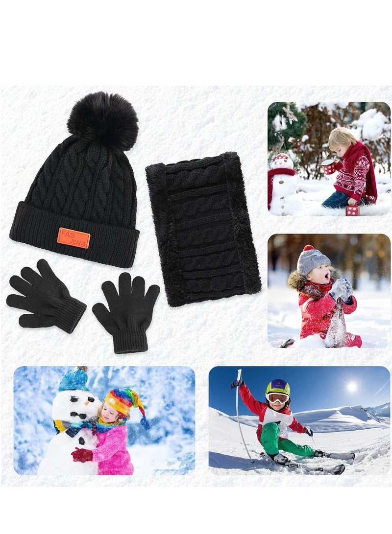 AirYoung طقم قبعة وقفازات للأطفال، طقم قبعة وقفازات ووشاح وقبعة بيني شتوية للأطفال مع بطانة صوف سميكة ودافئة للأطفال من سن 2 إلى 6 سنوات، أسود - Image 5